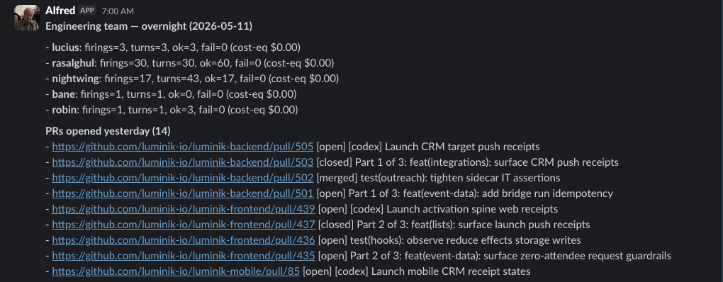 Slack screenshot of Alfred posting an engineering overnight summary with agent status and pull request links.