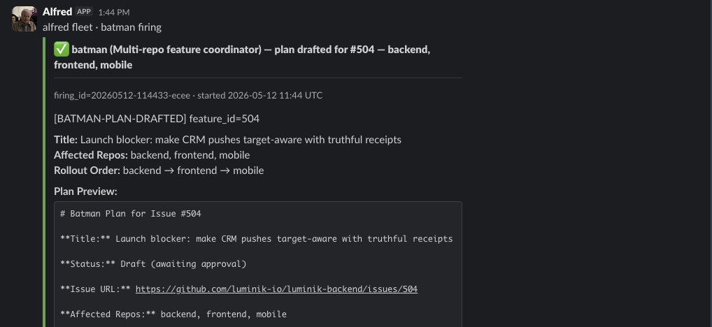 Slack screenshot of Alfred drafting a multi-repo feature plan with affected repos and rollout order.