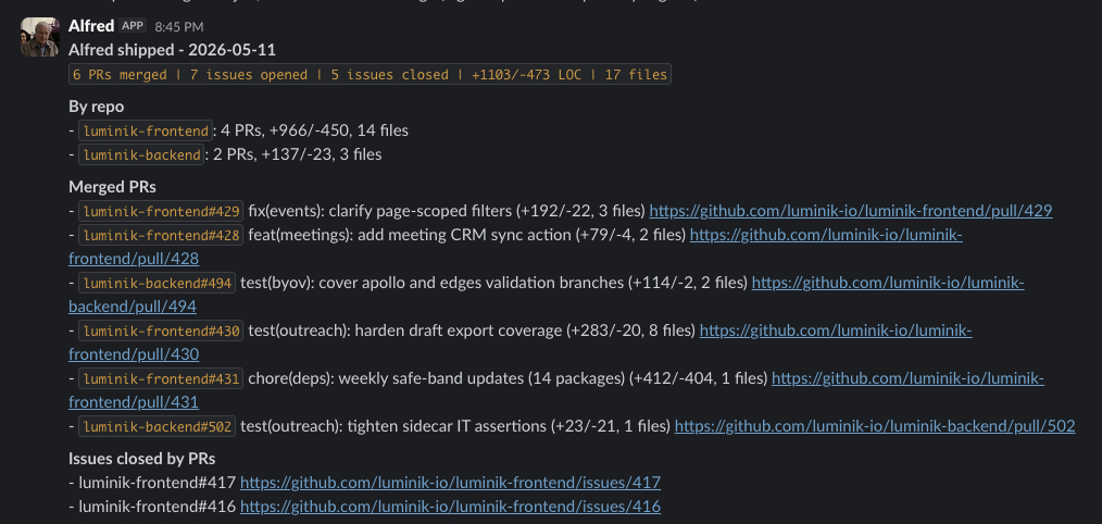 Slack screenshot of Alfred posting a shipped-work summary with merged pull requests and closed issues.